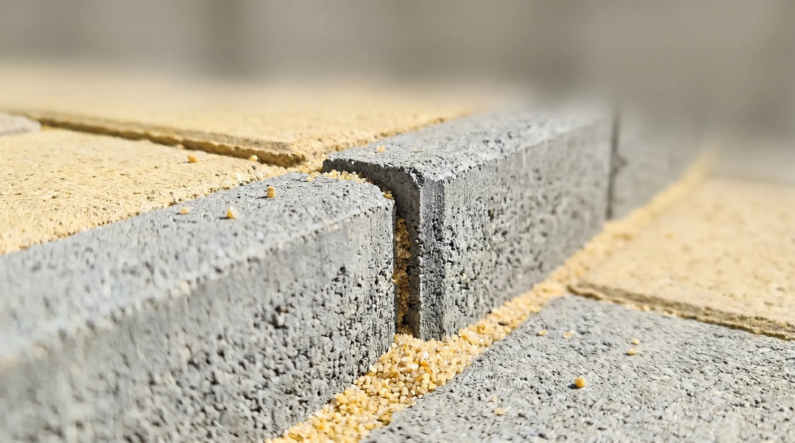 Układanie kostki brukowej – szare betonowe płyty z precyzyjnie wypełnioną fugą z piasku