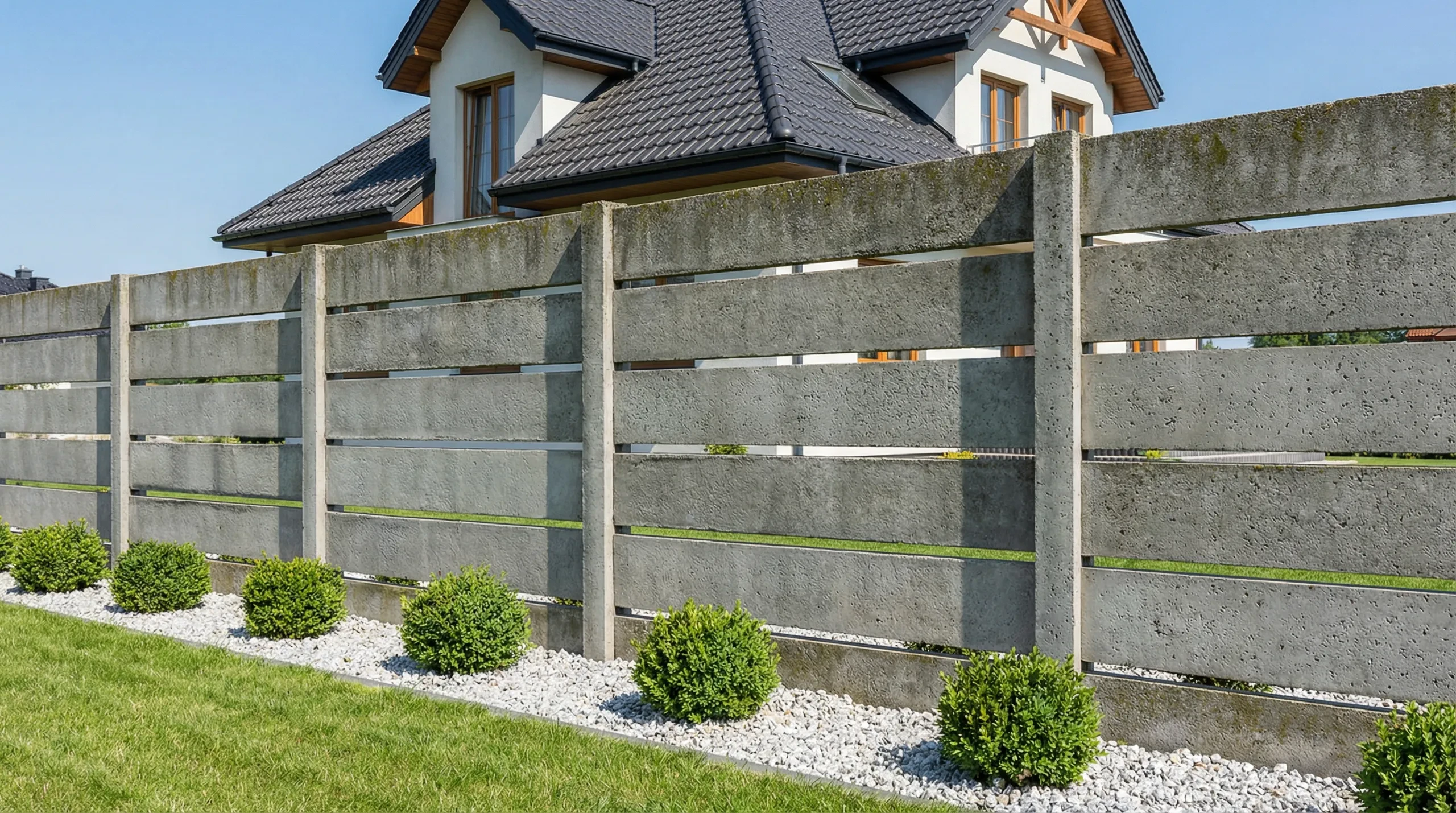 Nowoczesne ogrodzenia betonowe przed domem z rabatą żwirową i trawnikiem