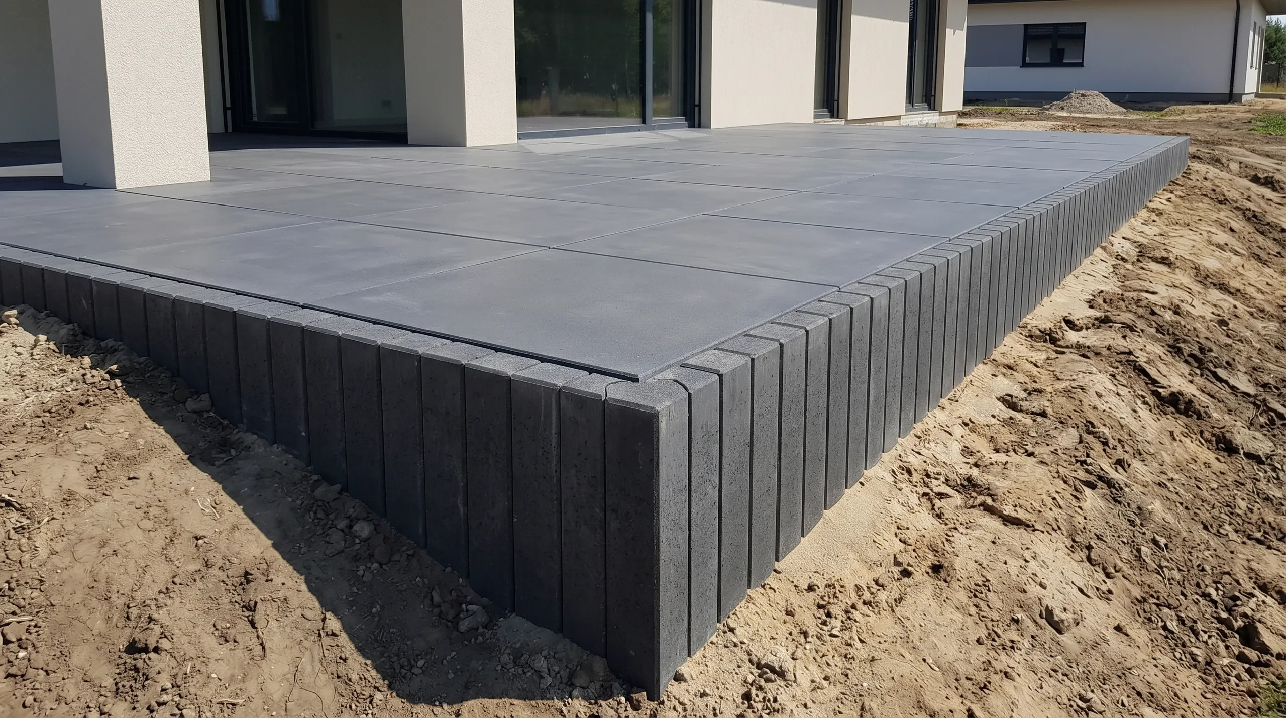Tarasy z płyt betonowych, Palisady betonowe i Niwelacja terenu wokół nowo wybudowanego domu