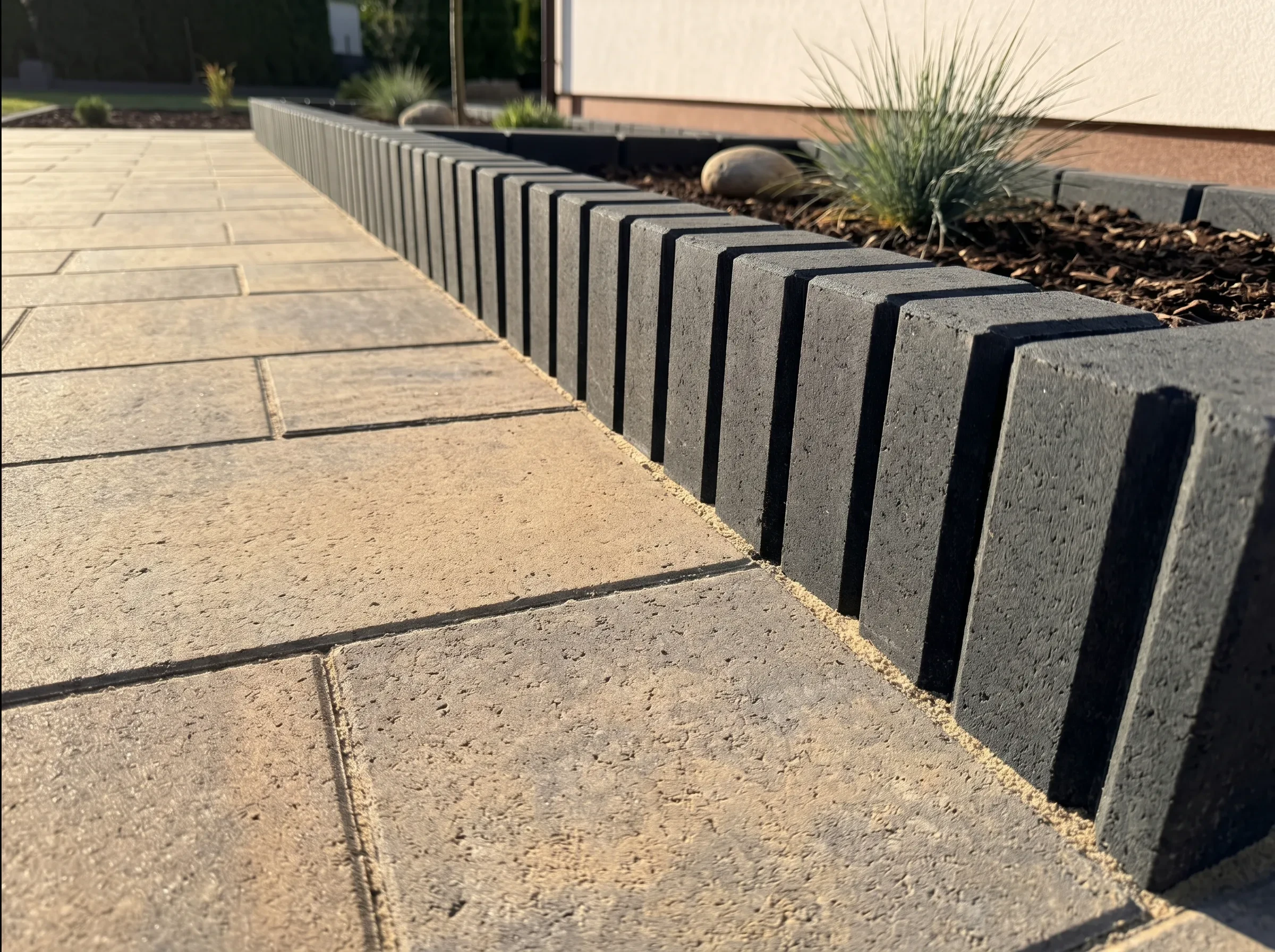 Palisady betonowe tworzące obramowanie rabaty