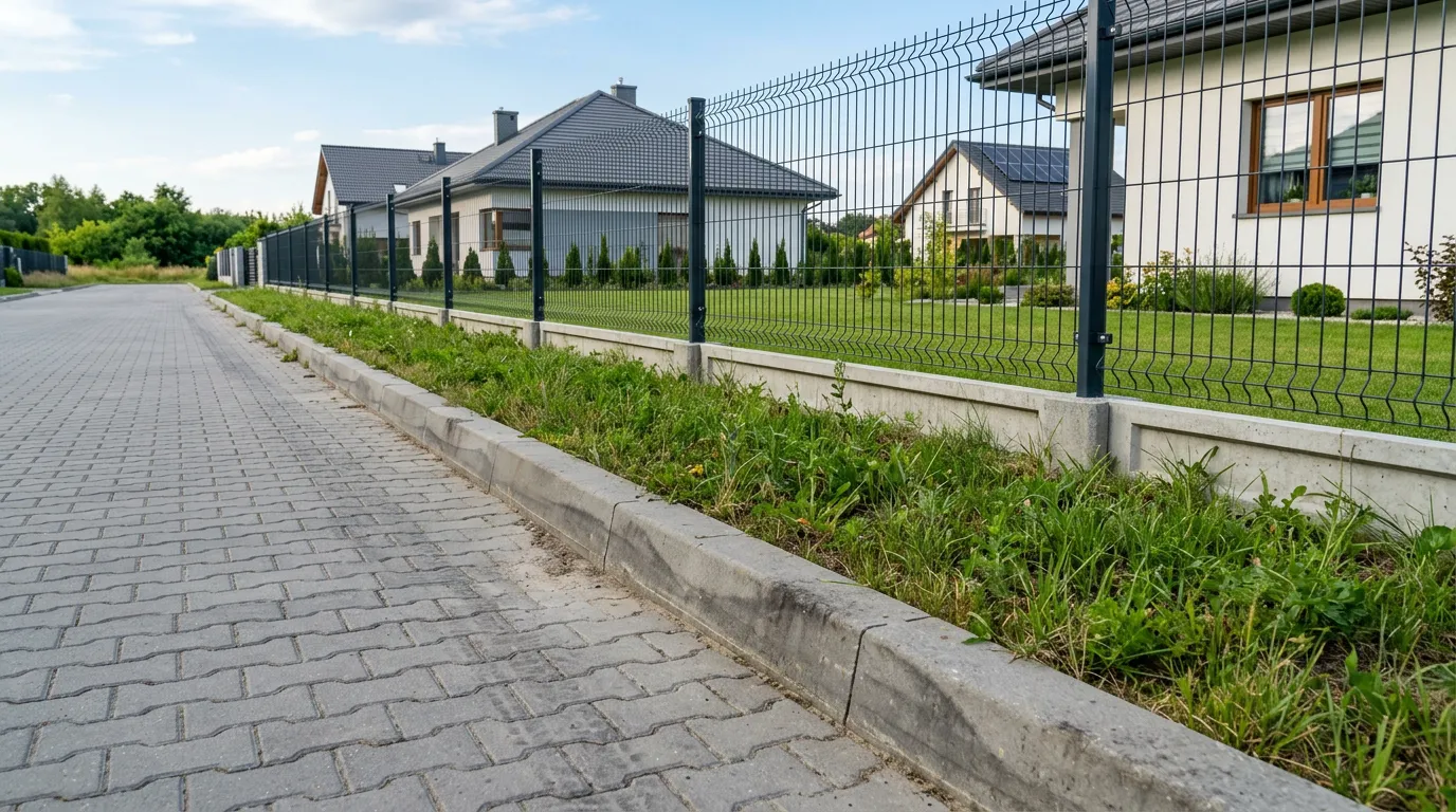 Układanie kostki brukowej na chodniku z betonowym obrzeżem przy ogrodzeniu panelowym